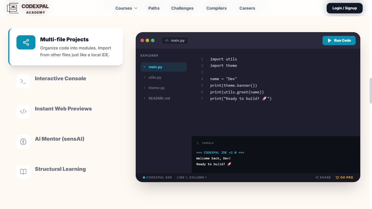 The live CodexPal Learn coding workspace