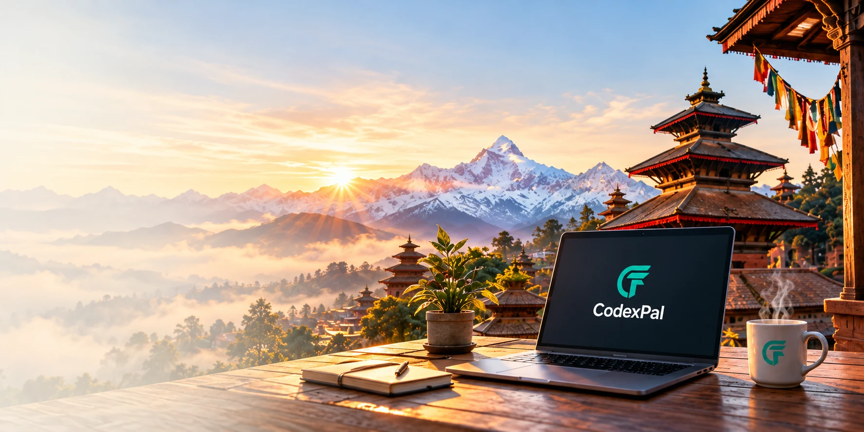 A CodexPal laptop and coffee on a sunlit terrace overlooking a Nepal-inspired Himalayan landscape